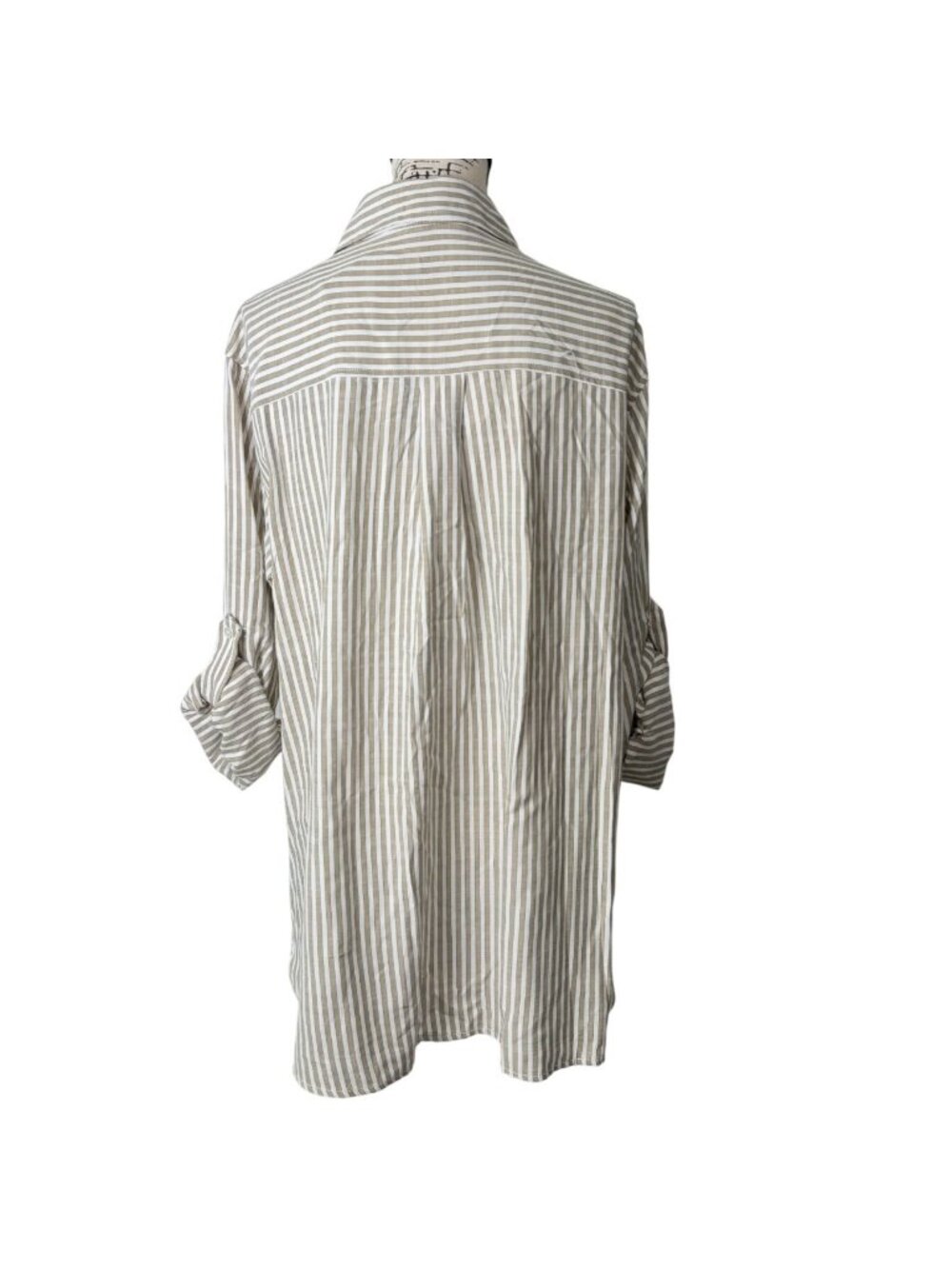 Max Studio London Women Size L Tunic Top Roll-Tab Sleeve Beige Striped Shirt NEW - Picture 3 of 8